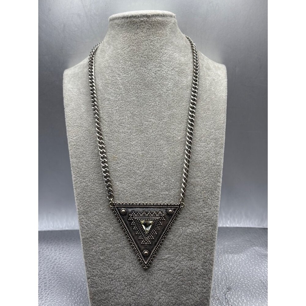 Vintage-Style Triangle Pendant Necklace Citrine-Colored Rhinestone Centerpiece